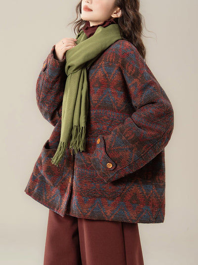 Women Winter Ethnic Print O-Neck Padded Coat