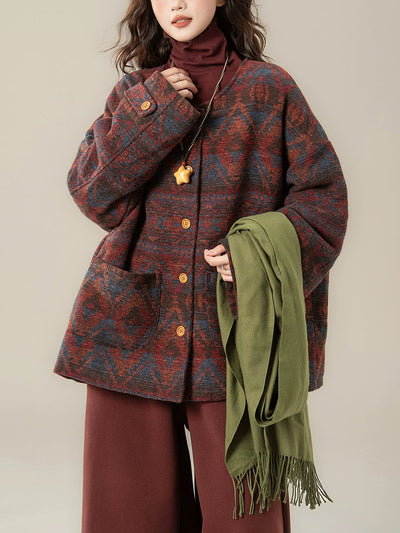 Women Winter Ethnic Print O-Neck Padded Coat