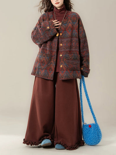 Women Winter Ethnic Print O-Neck Padded Coat