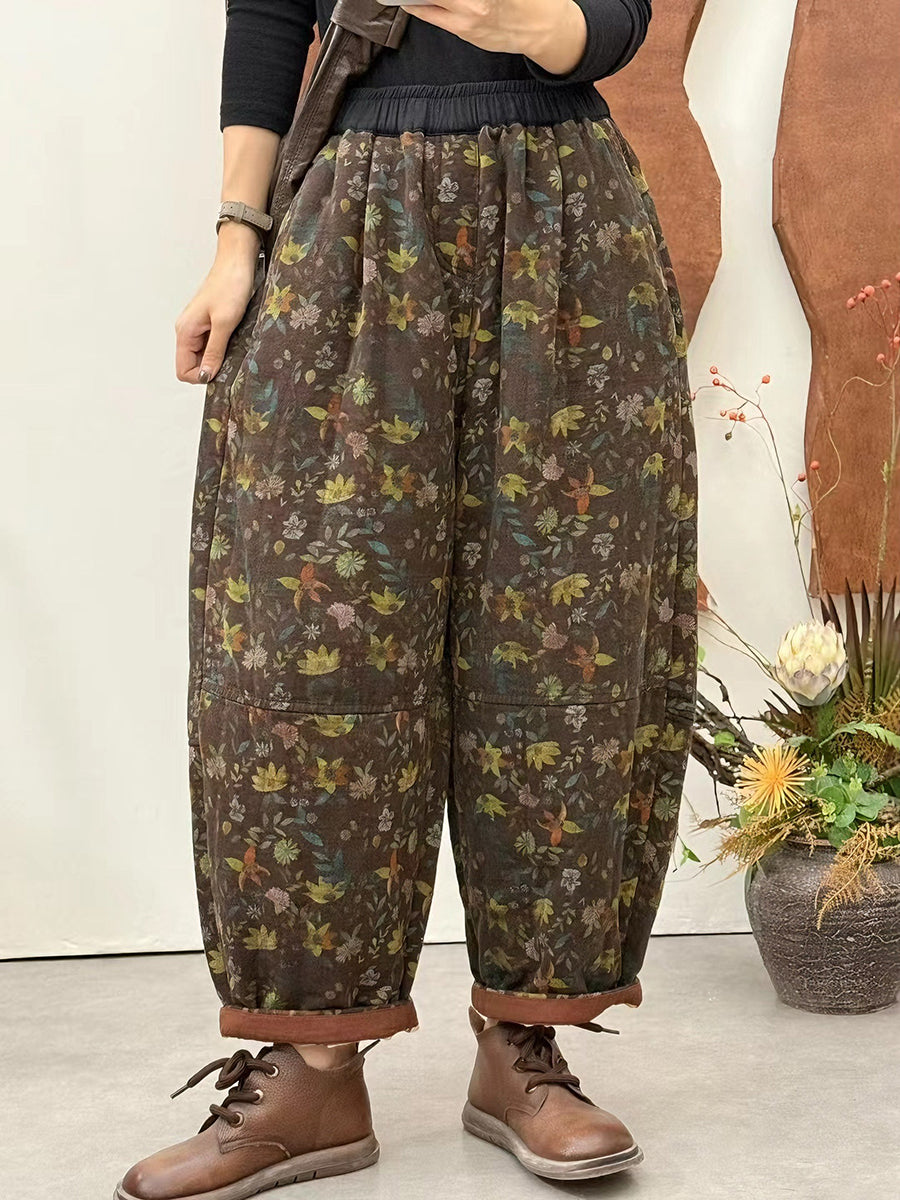 Women Autumn Ethnic Flower Padded Harem Pants