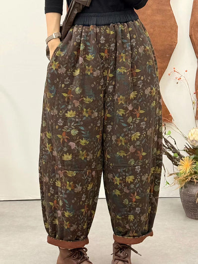 Women Autumn Ethnic Flower Padded Harem Pants