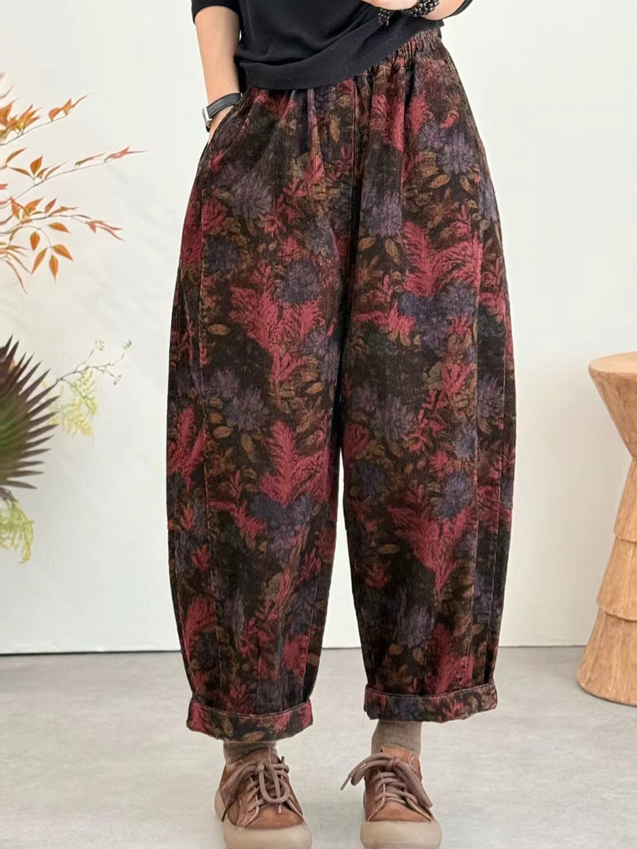 Women Winter Ethnic Flower Corduroy Harem Pants