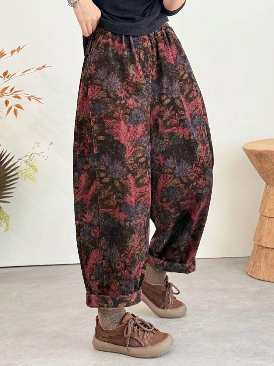 Women Winter Ethnic Flower Corduroy Harem Pants
