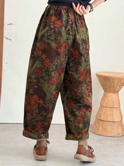 Women Winter Ethnic Flower Corduroy Harem Pants