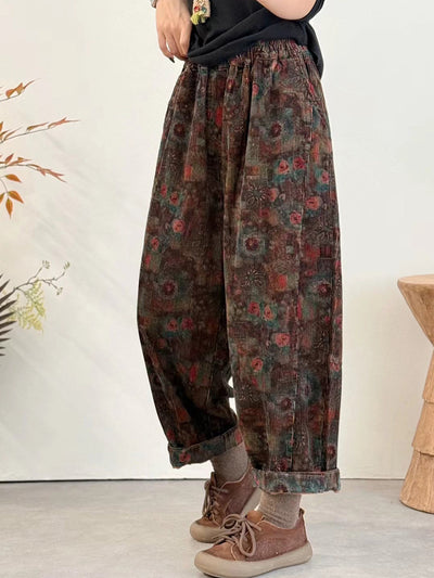 Women Winter Ethnic Flower Corduroy Harem Pants