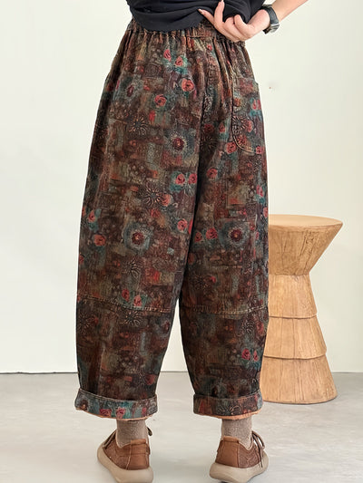 Women Winter Ethnic Flower Corduroy Harem Pants