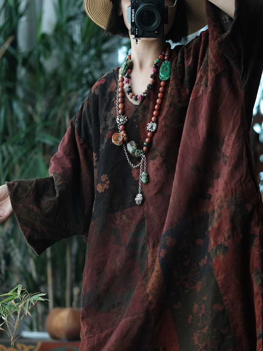 Women Vintage Flower Spliced V-Neck Cotton Blouse