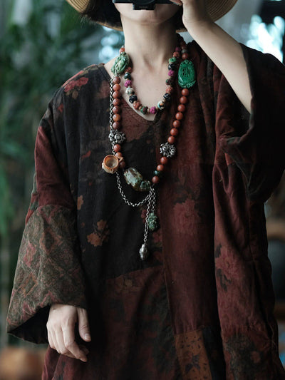 Women Vintage Flower Spliced V-Neck Cotton Blouse