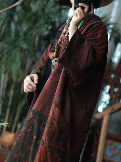 Women Vintage Flower Spliced V-Neck Cotton Blouse