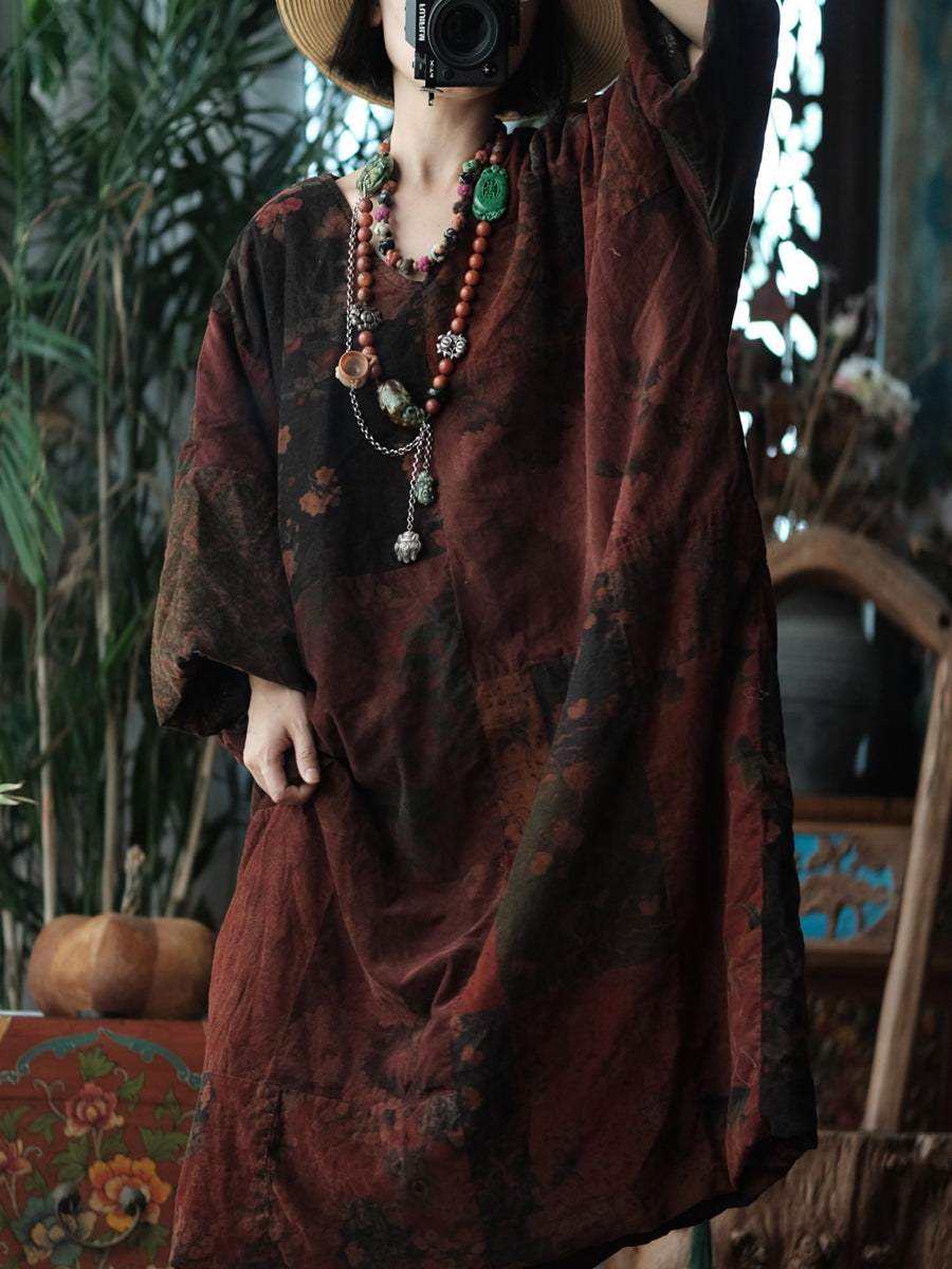 Women Vintage Flower Spliced V-Neck Cotton Blouse