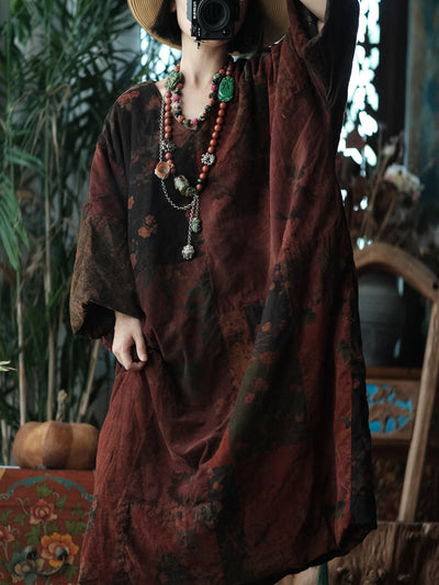 Women Vintage Flower Spliced V-Neck Cotton Blouse