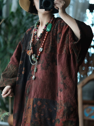 Women Vintage Flower Spliced V-Neck Cotton Blouse