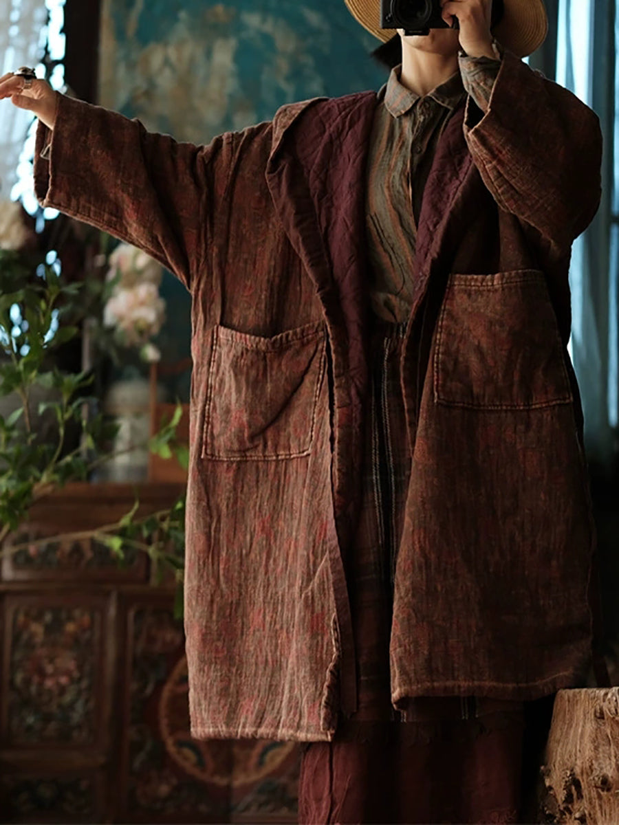 Women Winter Ethnic Print Hooded Cotton Coat