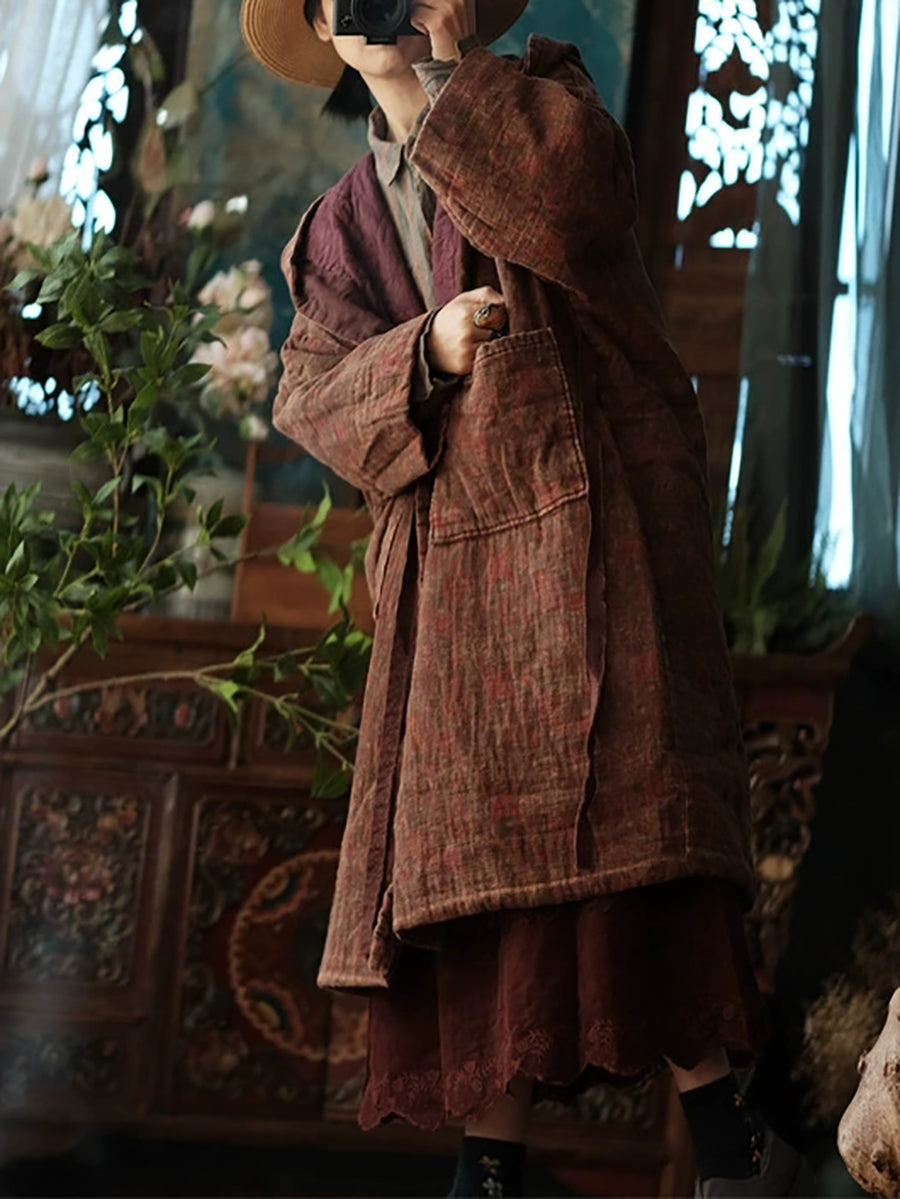 Women Winter Ethnic Print Hooded Cotton Coat