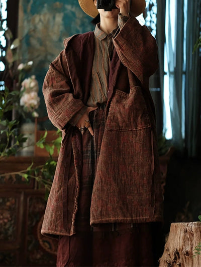 Women Winter Ethnic Print Hooded Cotton Coat