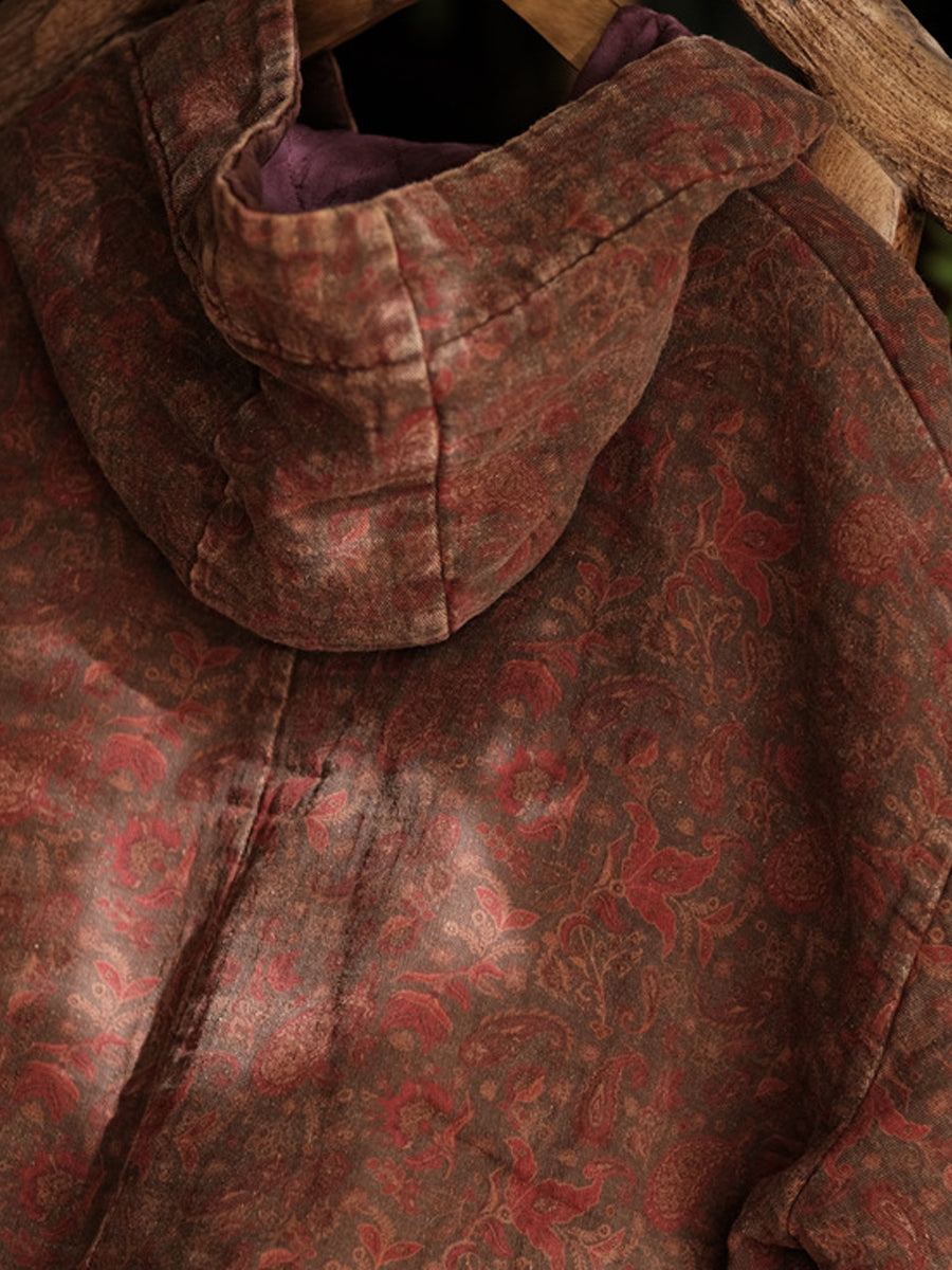 Women Winter Ethnic Print Hooded Cotton Coat