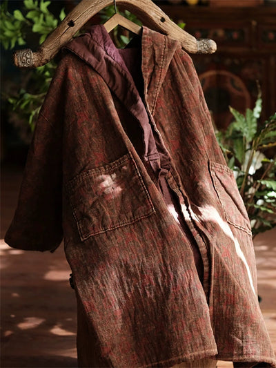 Women Winter Ethnic Print Hooded Cotton Coat