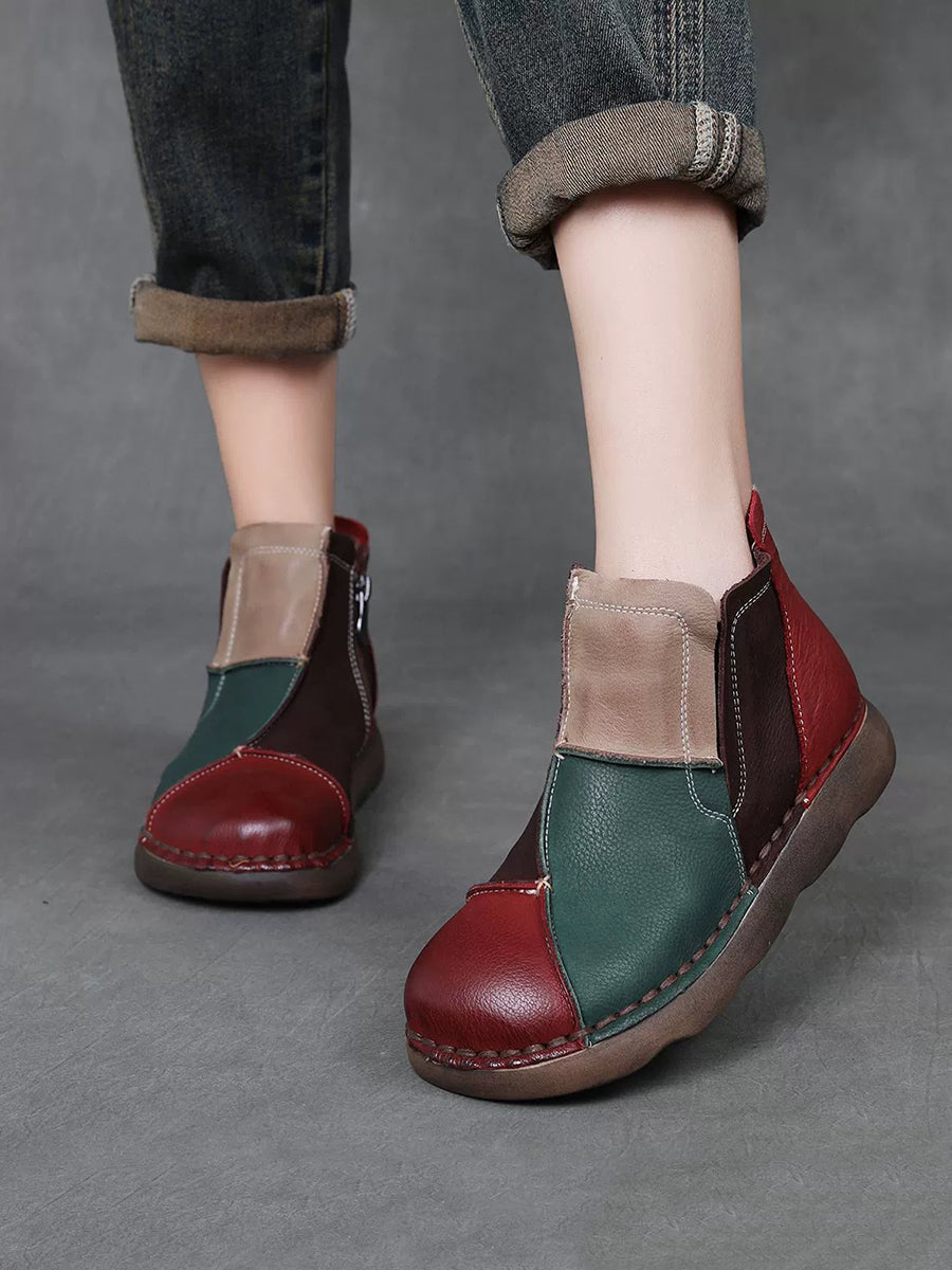 Women Winter Vintage Leather Colorblock Ankle Boots