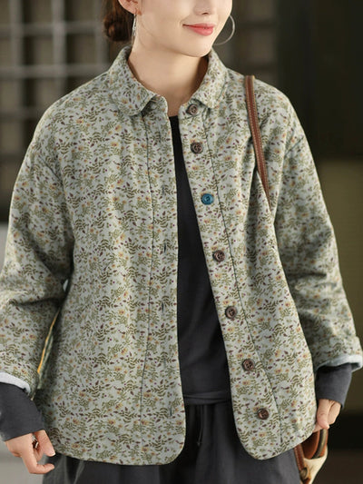 Women Winter Floral 100%Cotton Padded Shirt Coat