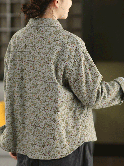 Women Winter Floral 100%Cotton Padded Shirt Coat