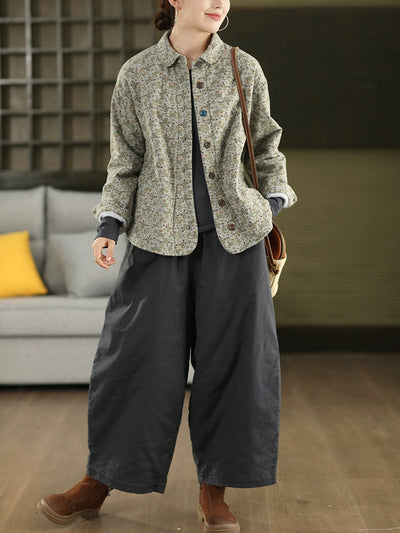 Women Winter Floral 100%Cotton Padded Shirt Coat