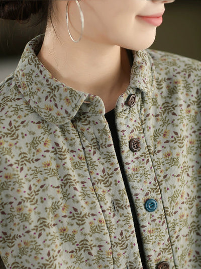 Women Winter Floral 100%Cotton Padded Shirt Coat