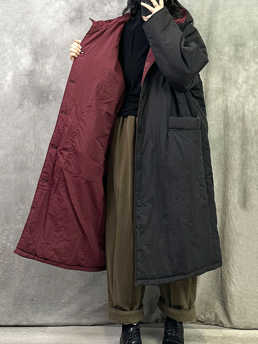 Women Winter Pure Color Dual-side Wearring Hooded Long Coat