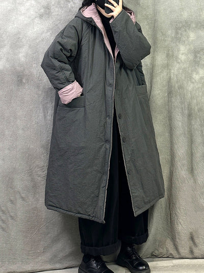 Women Winter Pure Color Dual-side Wearring Hooded Long Coat