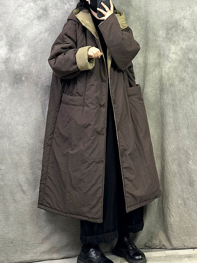 Women Winter Pure Color Dual-side Wearring Hooded Long Coat