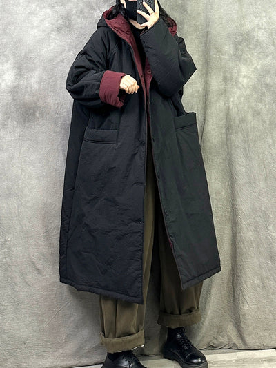 Women Winter Pure Color Dual-side Wearring Hooded Long Coat
