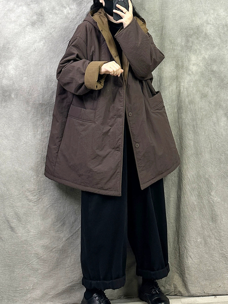 Women Winter Pure Color Dual-side Wearring Hooded Coat