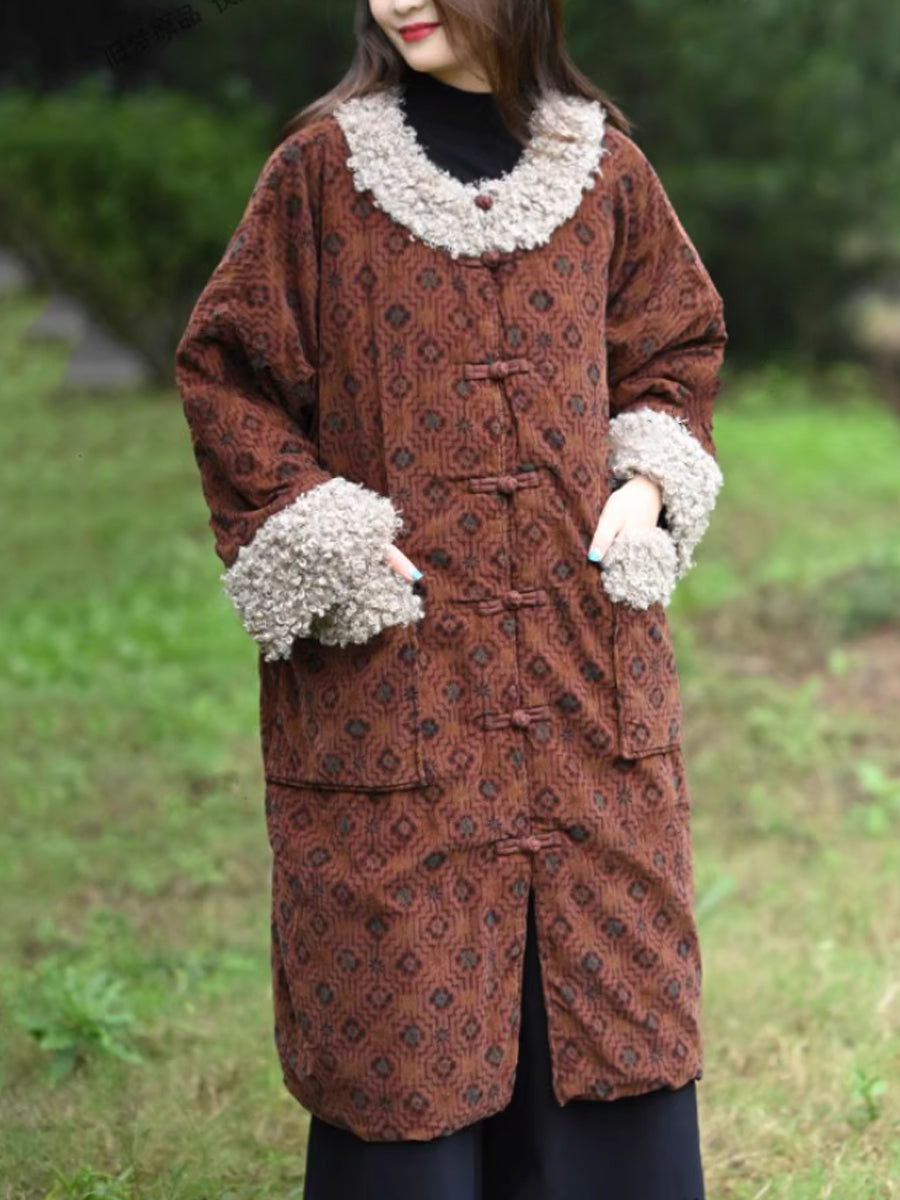 Women Winter Vintage Corduroy Spliced Padded Long Coat