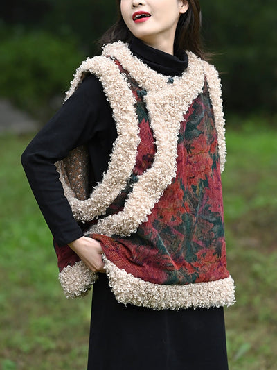Women Winter Ethnic Flower Corduroy Padded Vest