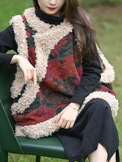 Women Winter Ethnic Flower Corduroy Padded Vest