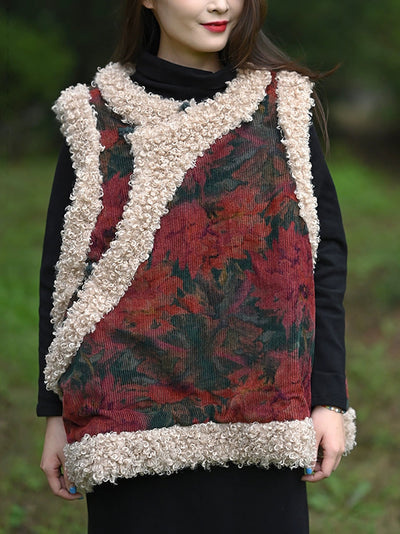 Women Winter Ethnic Flower Corduroy Padded Vest