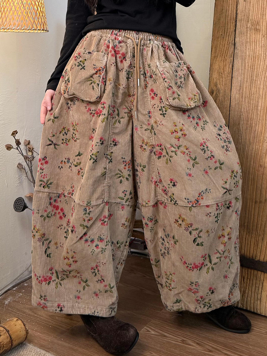 Women Winter Floral Corduroy Spliced Wide-leg Pants
