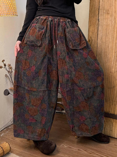 Women Winter Floral Corduroy Spliced Wide-leg Pants
