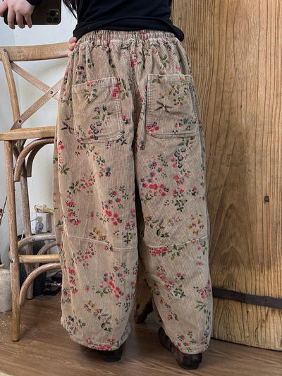 Women Winter Floral Corduroy Spliced Wide-leg Pants