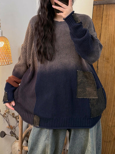 Women Autumn Retro Colorblock Knitted Patchwork O-Neck Sweater