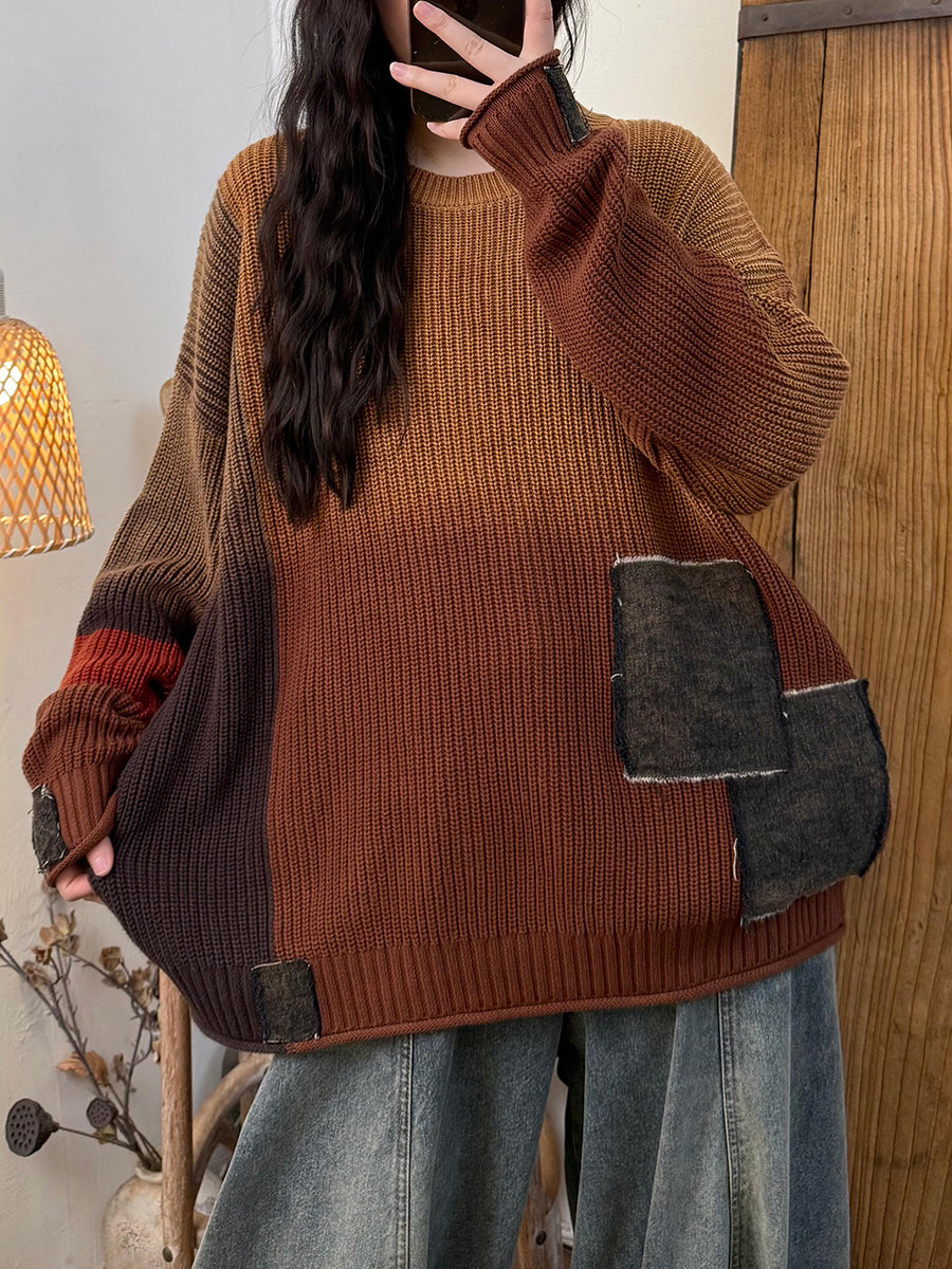 Women Autumn Retro Colorblock Knitted Patchwork O-Neck Sweater