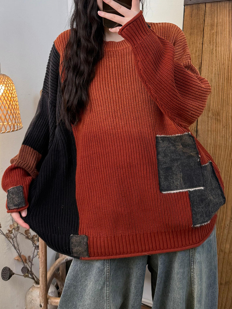 Women Autumn Retro Colorblock Knitted Patchwork O-Neck Sweater