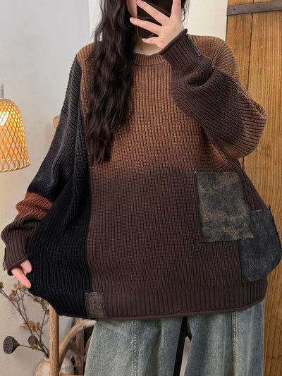 Women Autumn Retro Colorblock Knitted Patchwork O-Neck Sweater
