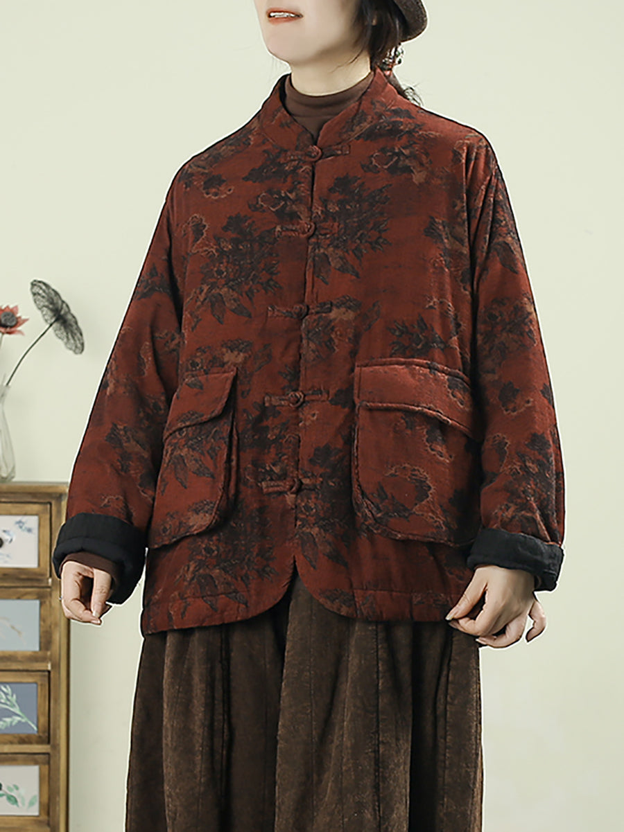 Women Winter Ethnic Flower Stand Collar Padded Coat