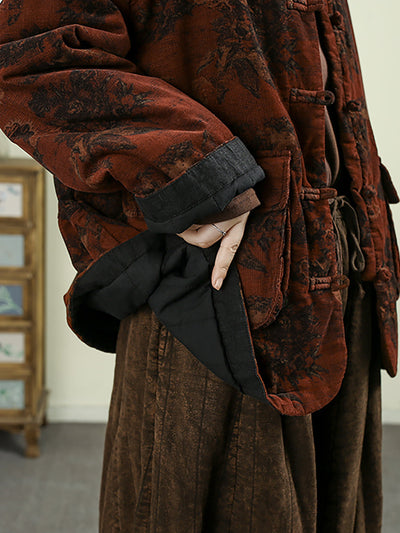 Women Winter Ethnic Flower Stand Collar Padded Coat