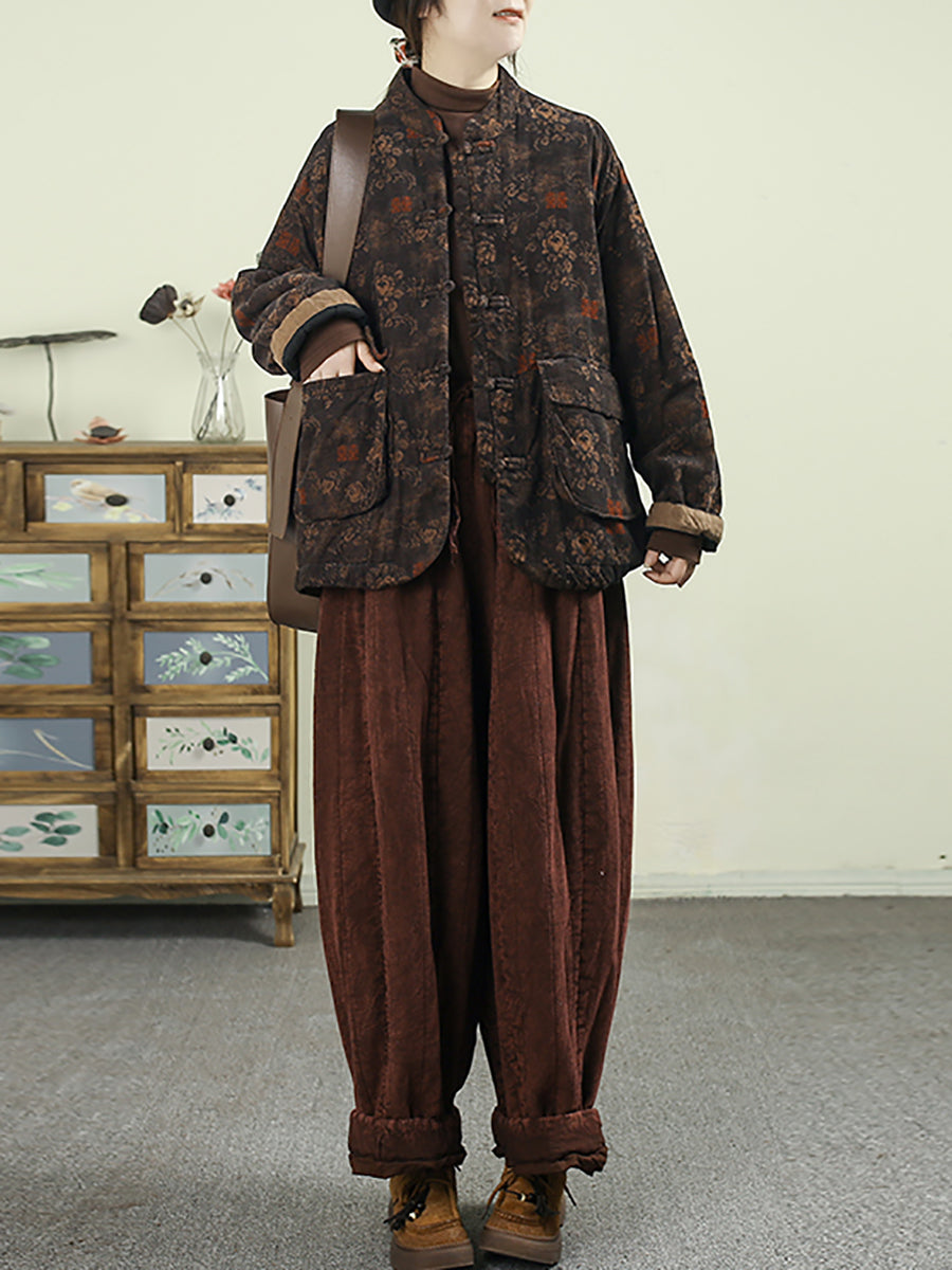 Women Winter Ethnic Flower Stand Collar Padded Coat