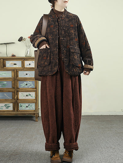 Women Winter Ethnic Flower Stand Collar Padded Coat