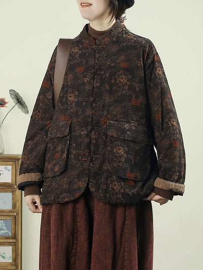 Women Winter Ethnic Flower Stand Collar Padded Coat