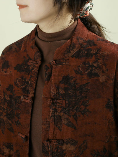 Women Winter Ethnic Flower Stand Collar Padded Coat