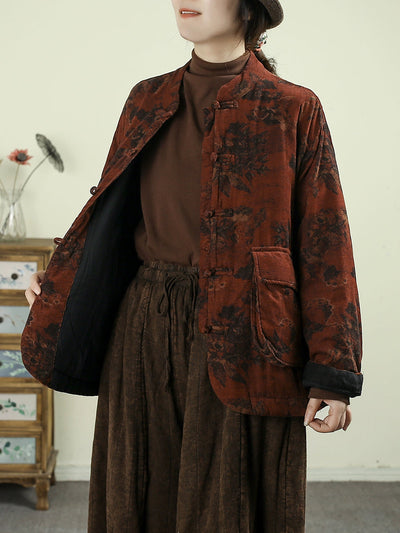 Women Winter Ethnic Flower Stand Collar Padded Coat