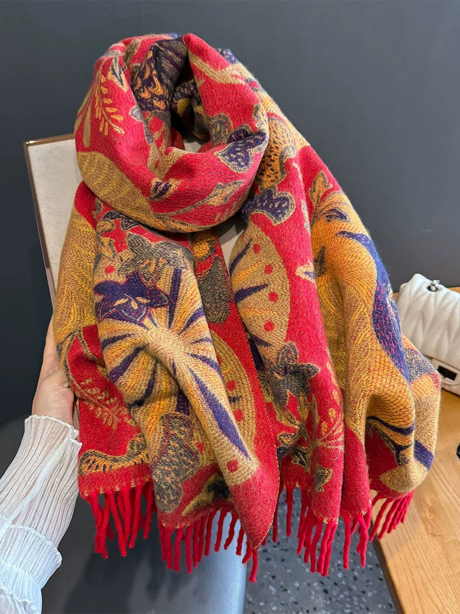 Women Ethnic Flower Winter Tassel Shawl Scarf